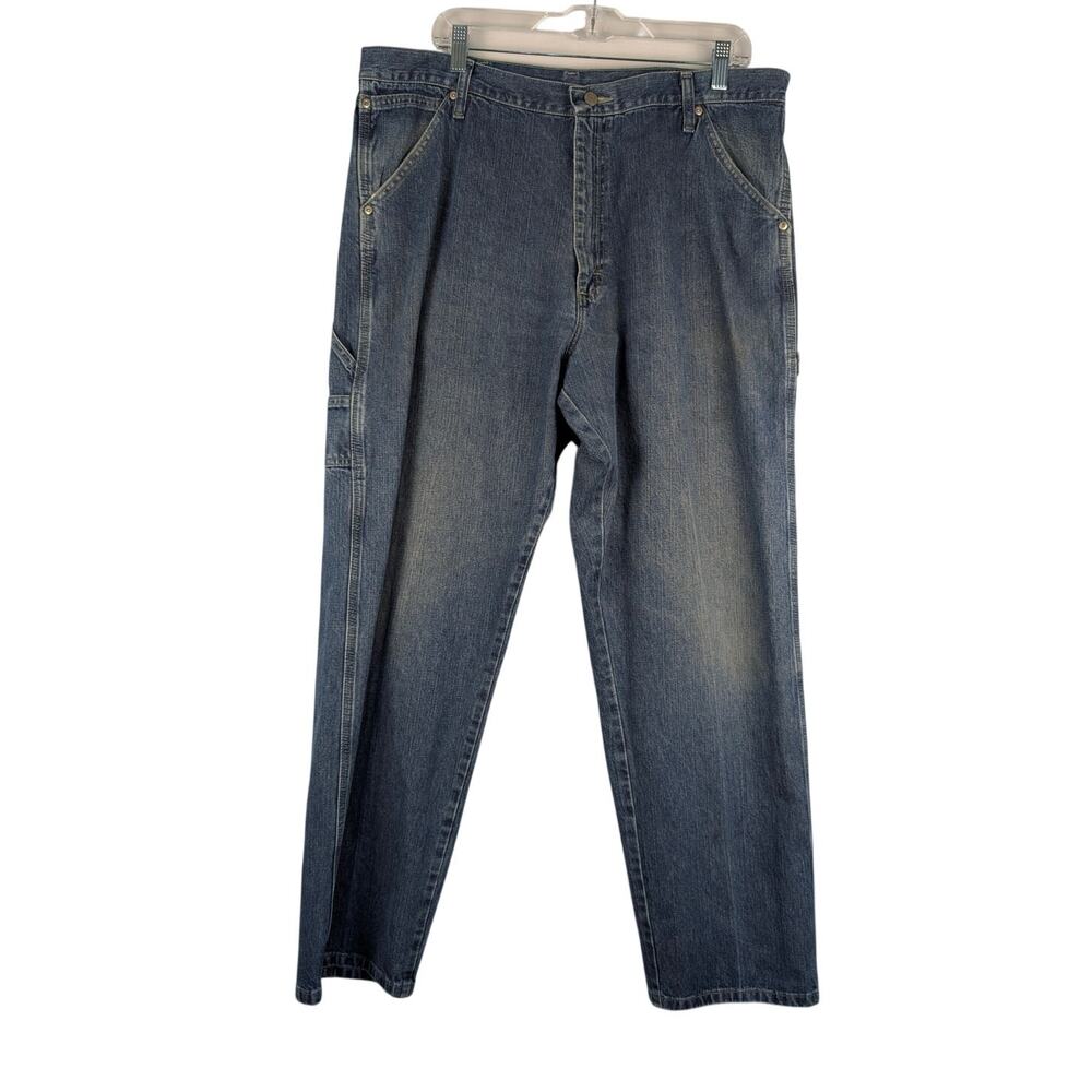 Wrangler Carpenter Jeans Mens 37x30‎ Medium Wash Blue Distressed Straight Denim